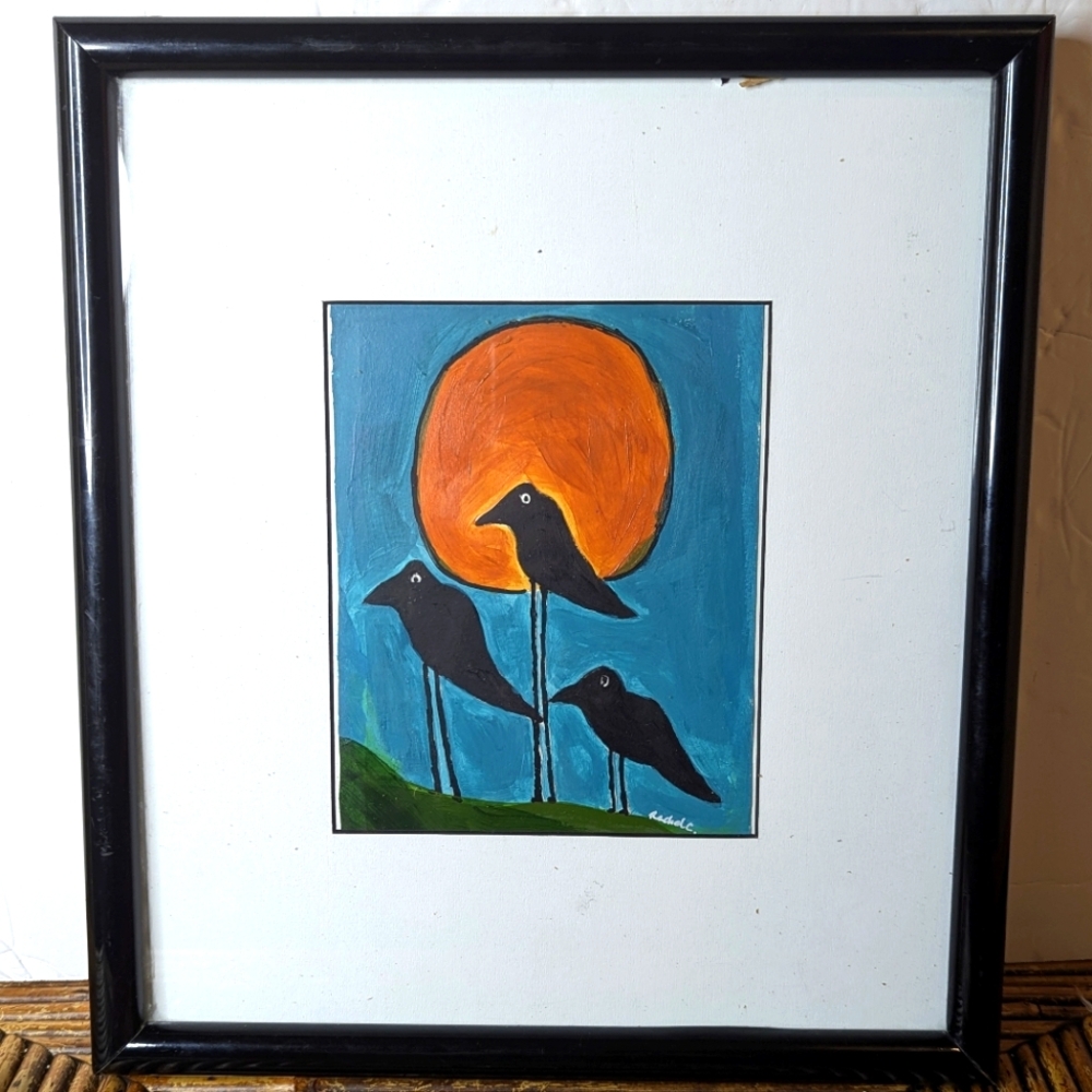 Framed Original Painting "3 Crows" Artist Signed 14.5"L X 13"W